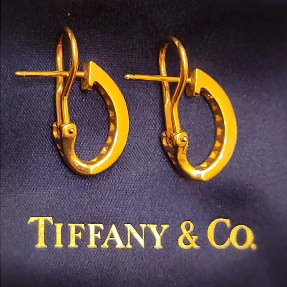 Authentic Tiffany & Co 18K Yellow Gold Diamond & Sapphire Huggie Earrings - Picture 7 of 10